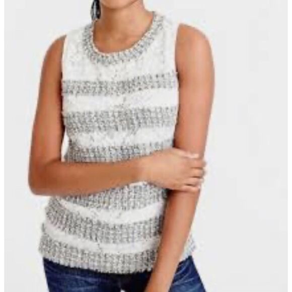 J Crew Women’s Fringe Tweed Lace Black White Sleeveless Top Sz Small - Picture 2 of 11